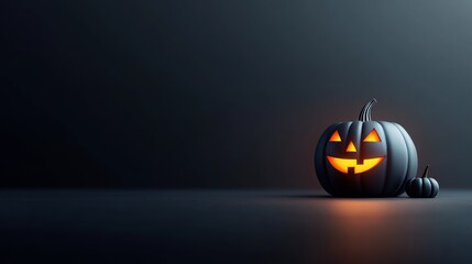 Empty black background. A single glowing pumpkin lantern on the soft shadow and soft orange light creates a soft glow. Highlighting the clean and simple design. This scene is both modern and stylish.