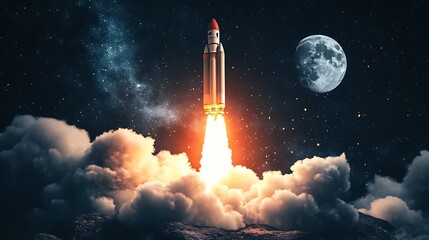 Obraz premium Rocket Launching Through Clouds and Stars With Moon in the Background