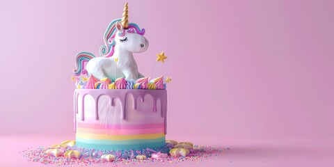 Purple birthday cake featuring a unicorn and rainbow theme, ideal for decorating special occasions.