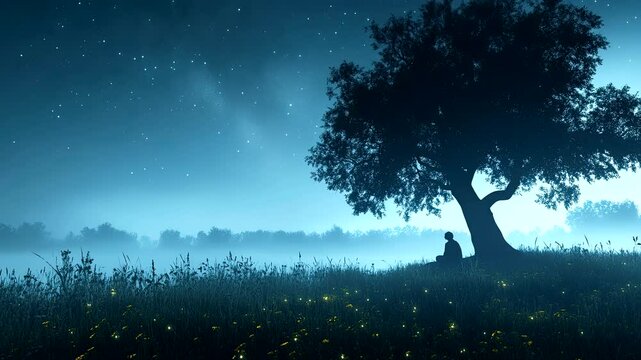 A serene night scene with a lone figure sitting under a large tree, surrounded by glowing fireflies. Nature concept. Seamless looping 4k time-lapse video background