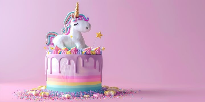 Purple birthday cake featuring a unicorn and rainbow theme, ideal for decorating special occasions.