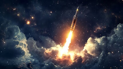 Rocket Launch Through Clouds and Stars