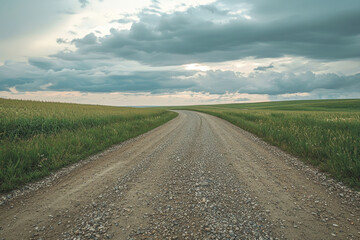 Fototapeta premium Low angle view of gravel road through countryside meadows, captured under a cloudy sky at spring evening.