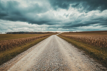 Naklejka premium Low angle view of gravel road through countryside meadows, captured under a cloudy sky at spring evening.