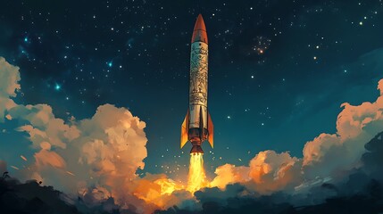 Fototapeta premium A Rocket Launches Through the Night Sky, Leaving a Trail of Fire