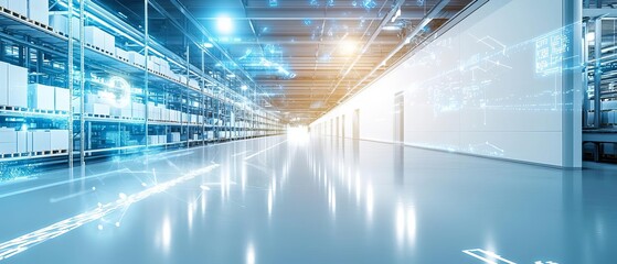 A hightech warehouse where artificial intelligence and machine learning manage inventory storage, leveraging data analytics for streamlined logistics