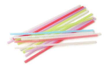 Different plastic straws on white background