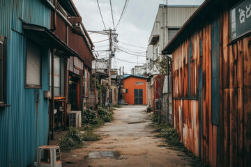 Back alley behind a factory building with sheds and houses - low angle shot.