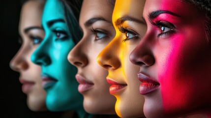Diverse faces are separated by a line, showcasing distinct colors and vivid contrasts that emphasize division and bias visually. Generative AI