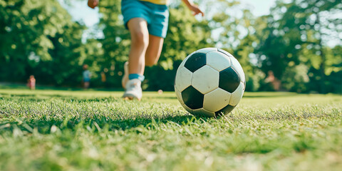 Fototapeta premium A young boy kicks a soccer ball on a grassy field