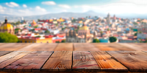 Naklejka premium A wooden table with a view of a mexican city