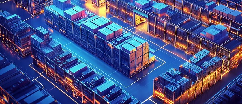 An advanced storage environment where AI and machine learning optimize inventory management, supported by cuttingedge data analytics for efficient logistics