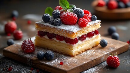 Exquisite French Pastry on Rustic Wooden Board with Powdered Sugar and Fresh Berries