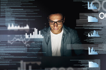 Man, overlay and smile on computer with data at night as employee for overtime and deadline for software. Business, male person and statistics with graphs, programming and processing info or analysis