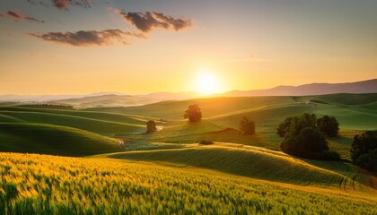 golden sunrise illuminating serene countryside landscape rolling lush tranquil atmosphere hills greenery scenic fields dawn rural sky trees nature