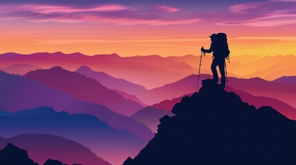 Silhouette of a Hiker on a Mountain Peak at Sunset
