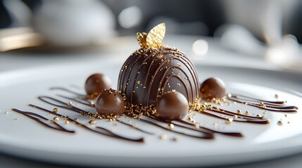 Fototapeta premium Exquisitely Presented Gourmet Dessert with Chocolate Drizzle and Gold Leaf on Porcelain Plate