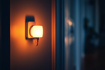 Gentle Glow: A Soft Nightlight Plugged into a Hallway Wall