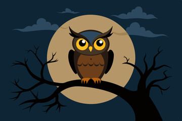 Adorable Owl Perched on Spooky Tree Branch Halloween-Themed Vector Illustration