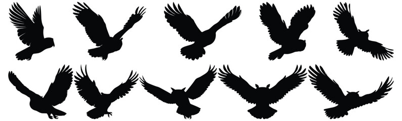 Owl silhouette set vector design big pack of flying illustration and icon