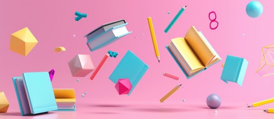 Colorful Books and Supplies Floating in the Air