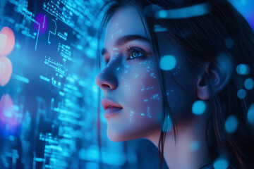 A young woman looks contemplative and somewhat fatigued, surrounded by an overlay of digital data and glowing blue screens, conveying a sense of immersion in technology