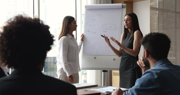 Two positive successful business women presenting project to team of colleagues, speaking at flipchart in boardroom, pointing at white board, smiling, coaching employees, offering work strategy