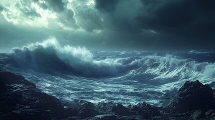 Obraz premium Dramatic Storm Waves Crashing Against Rocky Coastline in Raging Ocean