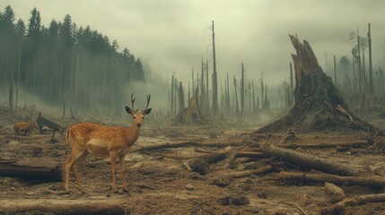 Rare animals roam a deforested area, highlighting the urgent threat of extinction amid vanishing natural ecosystems. Generative AI