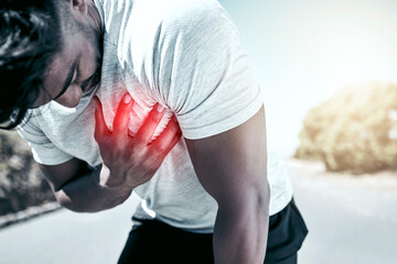 Man, fitness and heart pain with red glow for cardiac arrest, arrhythmia or accident during outdoor exercise. Active male person with chest injury or ache from running, cardio or workout in nature