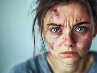 Close up portrait of a young woman with bruises and injuries shows intense emotion and strength. Beaten up woman. Violence experience.
