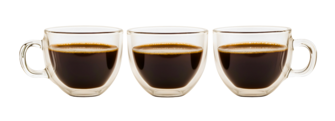 Set of three transparent glass coffee cups or mugs isolated. Black and brown caffeine drink or beverage, tasty fresh espresso or cappuccino, morning cafe refreshment, dark liquid, aroma, macchiato