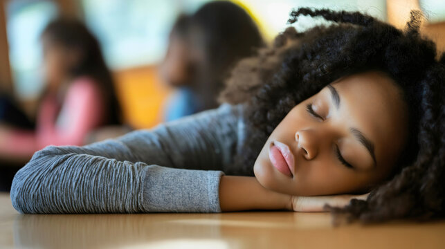 African American teenager girl sleeping on table in school classroom. Lazy, sleepy young female student, bored and tired during college lesson education, university, study, exhausted