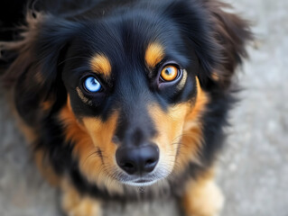 Fototapeta premium Cute dog with one blue and one amber eye gazes directly at the camera.