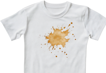 White t-shirt with brown coffee stain isolated on transparent background. Spoiled dirty spot drop, messy clothes laundering, accident spill, clean, beverage, cotton, wash with detergent