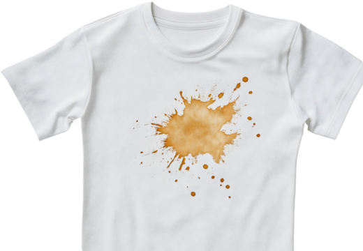 White t-shirt with brown coffee stain isolated on transparent background. Spoiled dirty spot drop, messy clothes laundering, accident spill, clean, beverage, cotton, wash with detergent
