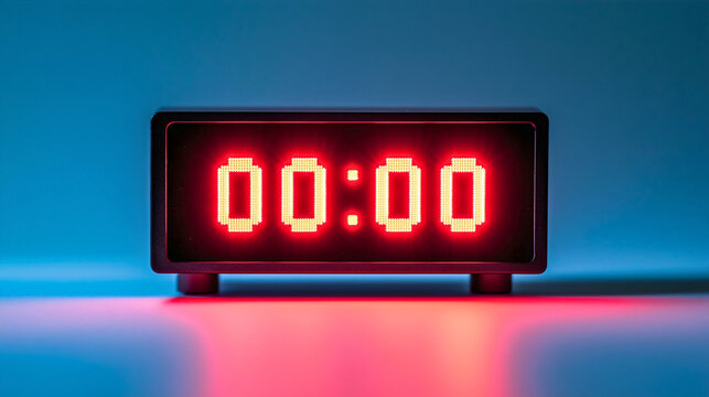00:00 midnight time on digital alarm clock watch red display screen. Modern led wake up reminder object, minute hour countdown object, electrical measure equipment, snooze, home device, sleep