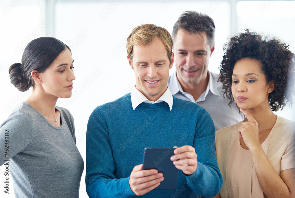 Poster group, business people and discussion with tablet for research or planning at creative startup. tech
