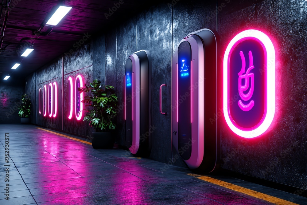 Poster neon color cyberpunk environment with glowing signs and futuristic elements, captured in a photo whe