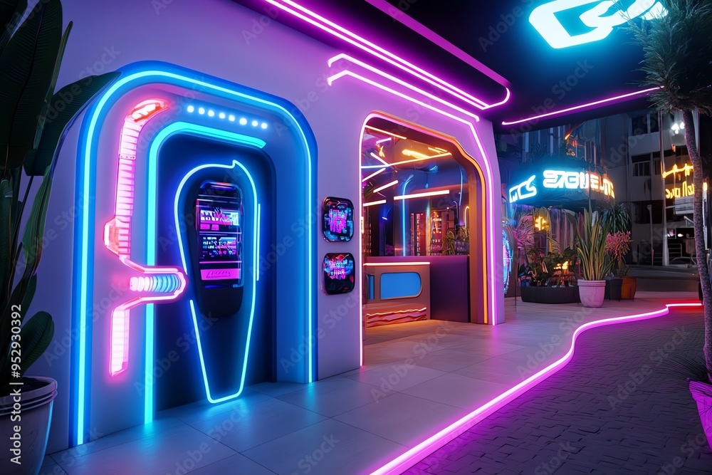 Poster neon color cyberpunk environment with glowing signs and futuristic elements, captured in a photo whe