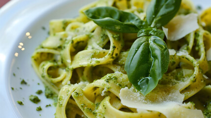 Closeup of pasta with green pesto sauce and leaf on a plate. Traditional Italian Mediterranean lunch or dinner meal dish, healthy vegetarian cuisine cooking, delicious tasty gourmet nutrition