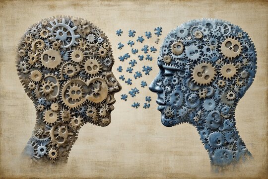 Two mechanical brains made of gears and cogs facing each other symbolizing the intricate machinery of human thought and the puzzle of communication in a conceptual art style