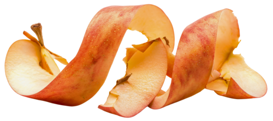 Red apple fruit peel isolated on transparent background. Healthy organic ripe food fresh diet, vegetarian raw nutrition skin, cut curl spiral slice, natural vitamin freshness, rind, twisted, waste
