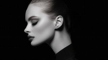 A dramatic black and white studio portrait of a woman in profile. Her eyes are closed and her head is bent slightly downward. A pensive expression. Emotive.