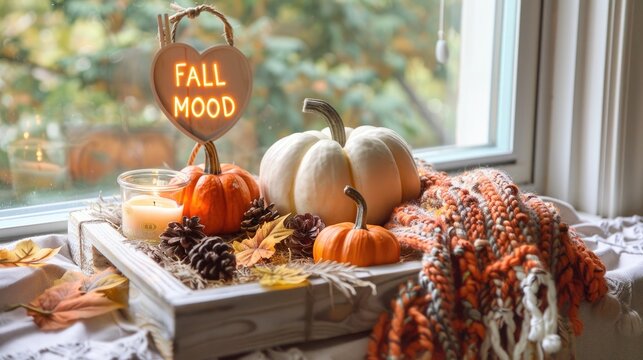 A cozy autumn display featuring pumpkins, candles, and decorative elements for fall ambiance.