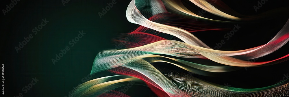 Poster intricate lines intertwine to form a stylized christmas tree, showcasing vibrant colors on a dark ba