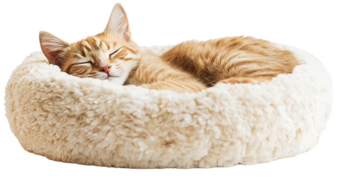 Orange cat sleeping in comfortable soft bed isolated on transparent background. Domestic pet animal relax and rest at home, kitty kitten lying on fluffy pillow, cozy bedding basket, fur, nap, tired