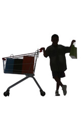 Silhouette of little boy with bags and shopping cart on white background