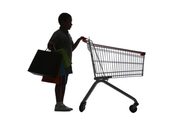 Silhouette of little boy with bags and shopping cart on white background