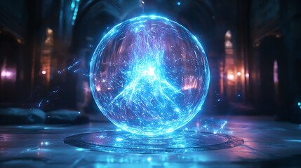 Fototapeta premium Glowing Blue Sphere Hovering Above Circular Platform in Dark Room